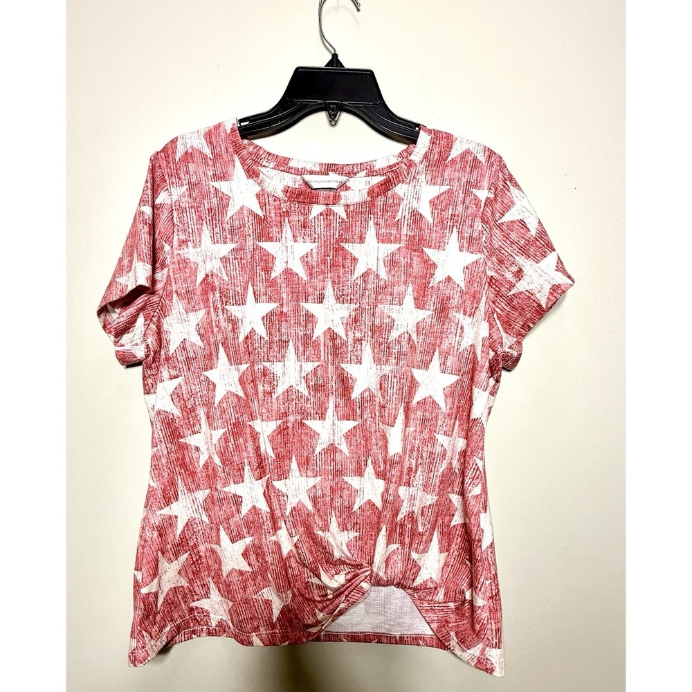 CJ Banks Womens L Red White Star T Shirt Short Sleeve Plus Size Casual Top